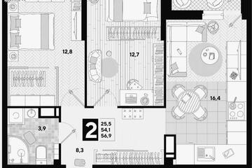2-к квартира, 57 м², 13/16 эт.